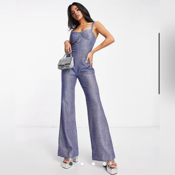NWOT ASOS Blue Metallic Cupped Flare Jumpsuit Size 10 - Picture 2 of 11